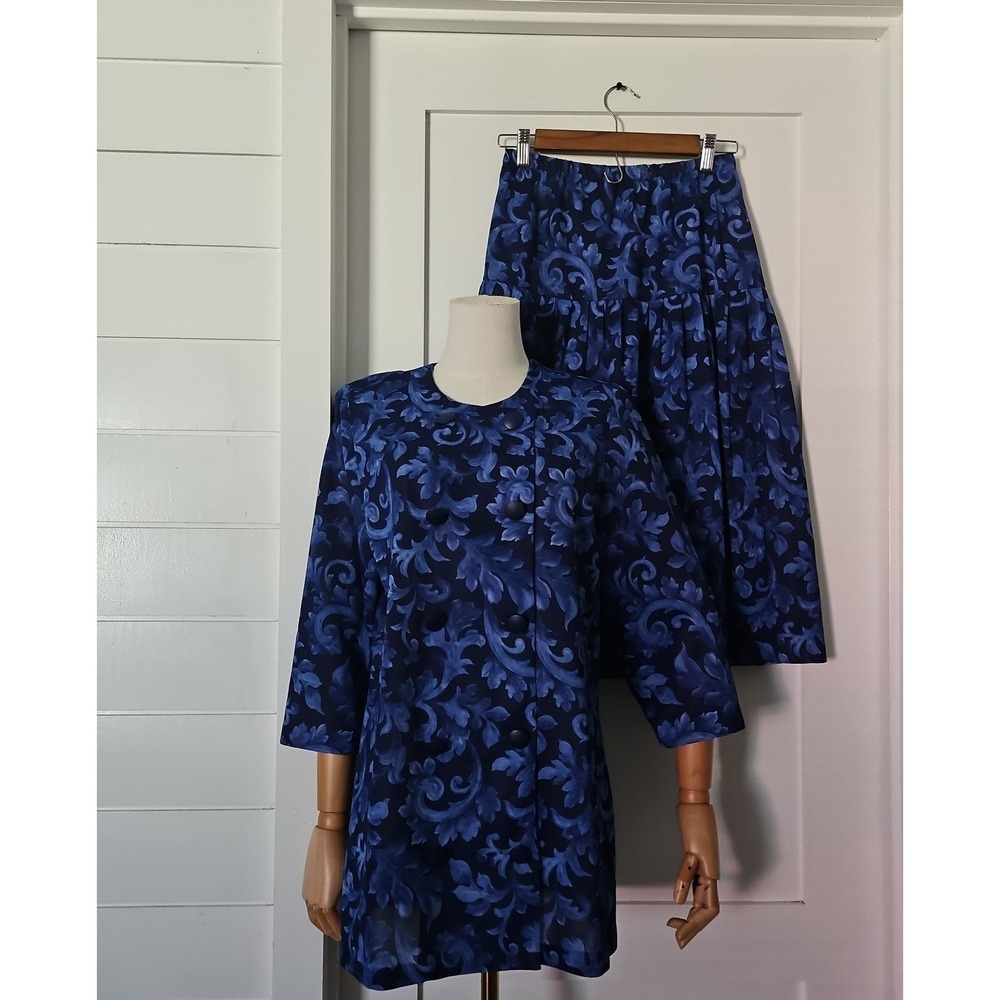 Vintage Anthony Richards 2 Piece Skirt Set Blue Floral Jacquard Size 12 USA
